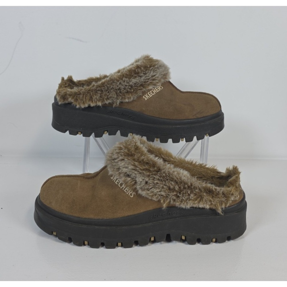Skechers Womens 8 Shindigs Fortress Suede Fur Clog Slipper Gorpcore Brown Cozy - Picture 9 of 10